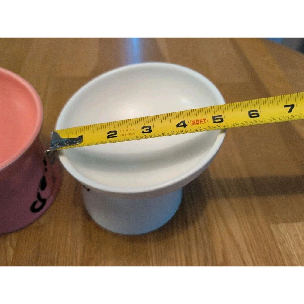 Cat Food Bowl Set Tilted Elevated White & Pink Ceramic Cute!! 5